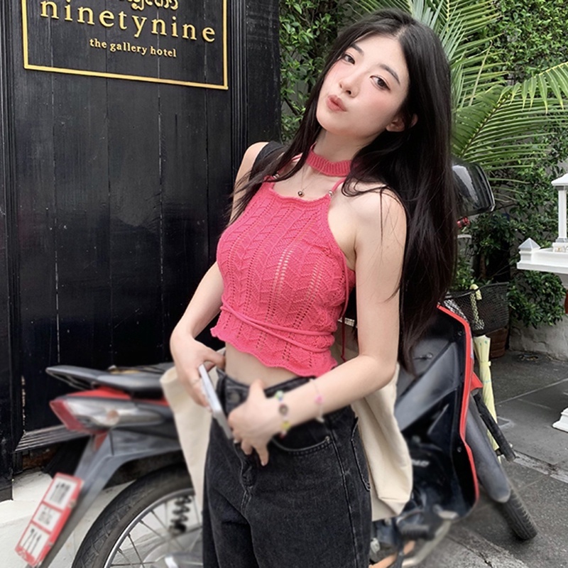 Áo Croptop Dệt Kim Màu Sắc Trơn Thiết Kế Dây Đan Chéo Quyến Rũ