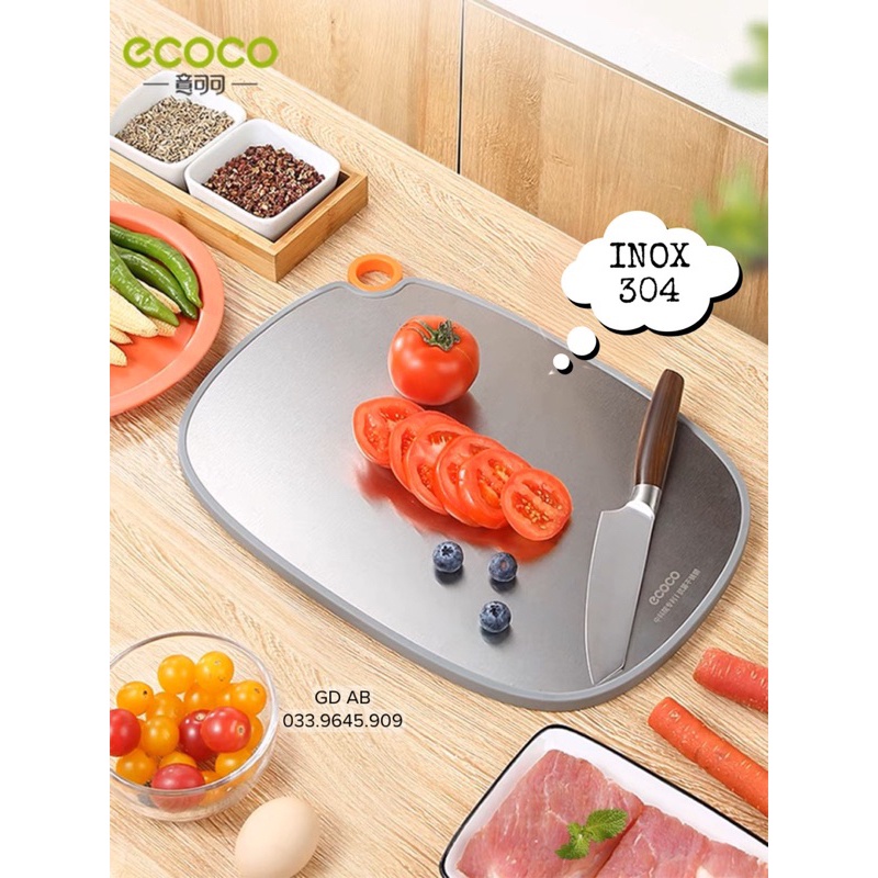 Thớt Inox 304 Kháng Khuẩn 99%, Thớt ECOCO 2 Mặt Kháng Khuẩn Có Viền Bo Chun Chống Trơn Trượt