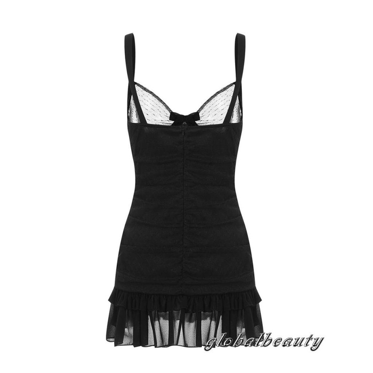 Đầm Hai Dây Mùa Hè Màu Trơn Viền Xếp Ly Cắt Thấp Một Mảnh Cho Nữ