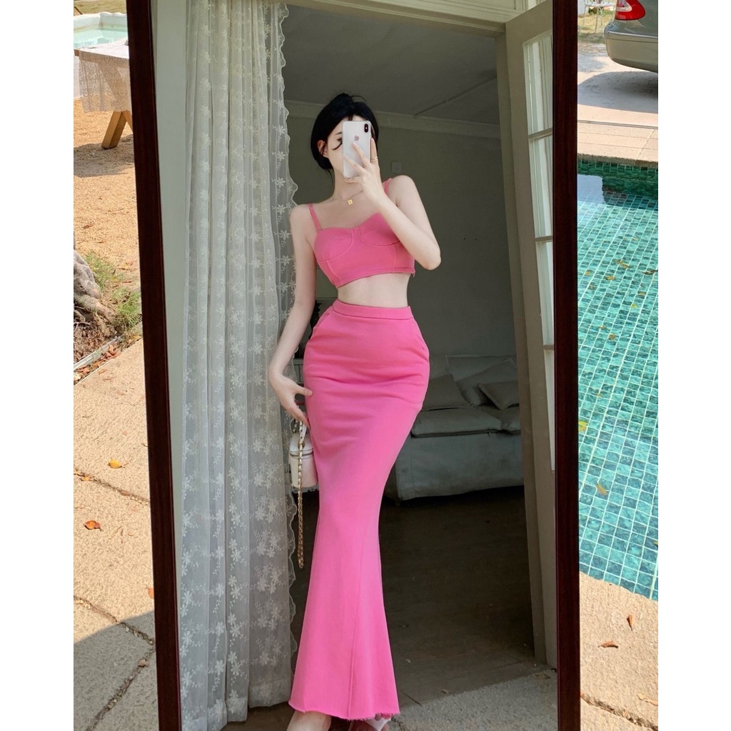 Bộ Áo Ống Màu Trơn + Chân Váy Đuôi Cá Lưng Cao Thời Trang Mùa Hè Quyến Rũ Cho Nữ