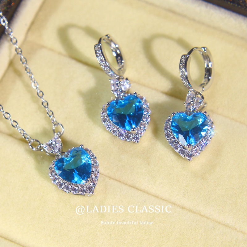 Bộ Dây Chuyền + Bông Tai Hình Trái Tim Đính Đá Sapphire Xanh Đỏ Thời Trang Cho Nữ