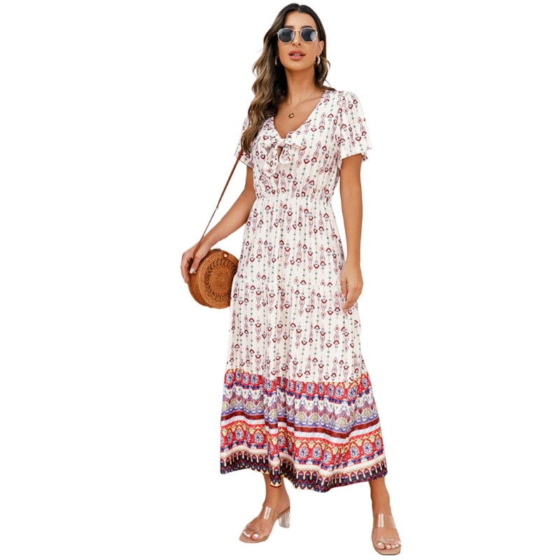 Đầm Xòe Tay Ngắn Cổ Chữ V In Họa Tiết Hoa Phong Cách Bohemian Thời Trang Mùa Hè Cổ Điển Cho Nữ