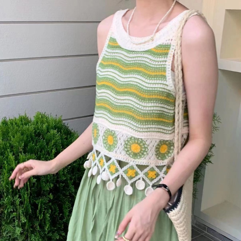 R Áo Không Tay Dệt Kim Dáng Rộng Vừa Vặn Họa Tiết Viền Rỗng Phối Tua Rua Cho Trường Học Hàng Ngày