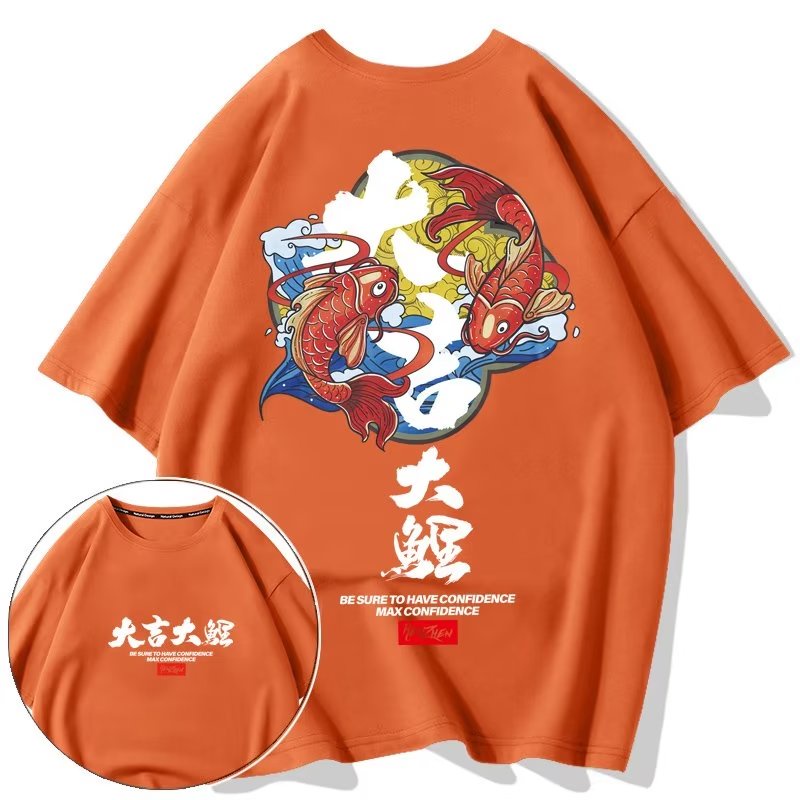 Có size lớn M-8xl Áo thun unisex nam nữ form rộng tay lỡ phông In Chữ Good Fortune Và Hình Cá Chép Màu Trơn Phong Cách Hip Hop Nhật Bản Thời Trang Mùa Hè