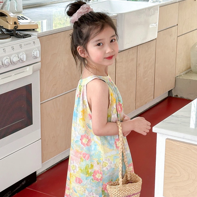 Đầm Hai Dây Không Tay In Hoa Phong Cách Hàn Quốc Cho Bé Gái 1-6 Tuổi