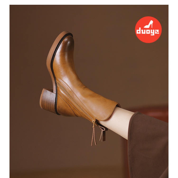 Duoya Giày Bốt Martin Da Mềm Gót Dày Màu Nâu Phong Cách Anh Quốc Cho Nữ