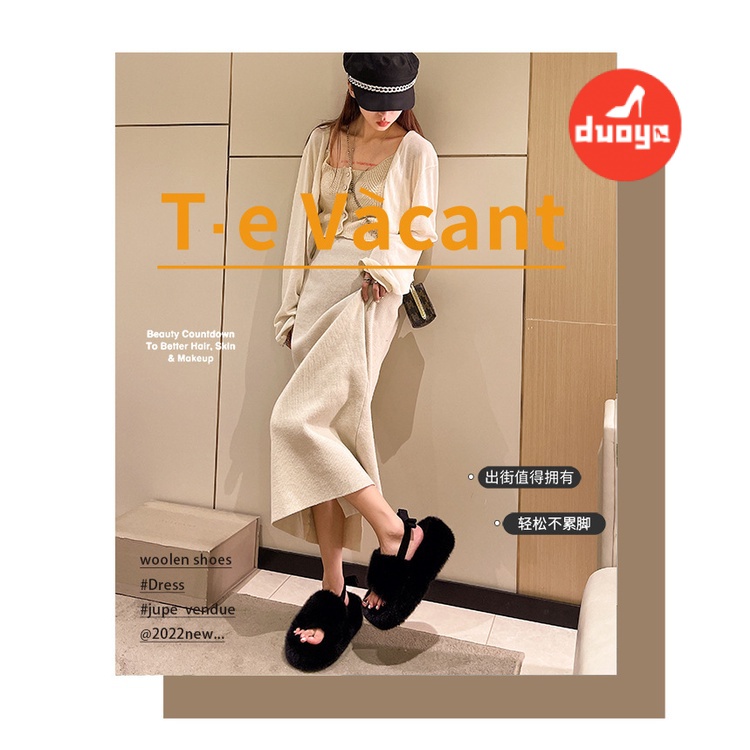 Duoya Tóc Thẳng ~ [Hàng Có Sẵn] Dép Bông Xù Dày Dặn Hở Ngón Quai Lông Cừu Thời Trang Mùa Đông Cho Nữ