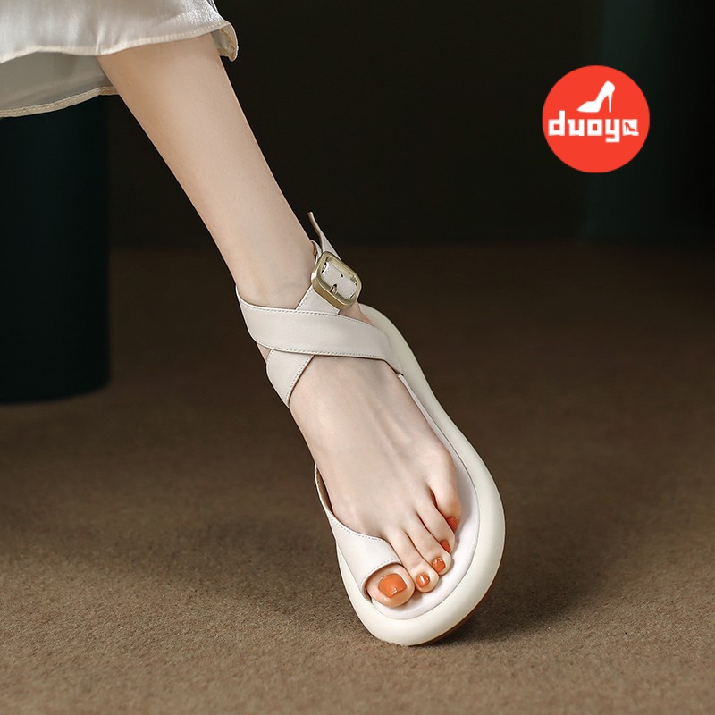 Duoya Tóc Thẳng ~ [Hàng Có Sẵn] Giày Sandal Da Mềm Nhẹ Nhàng Dây Đeo Ngón Chân Mùa Hè Dày Dặn Dễ Phối Đồ Cho Nữ Miễn Phí Vận Chuyển