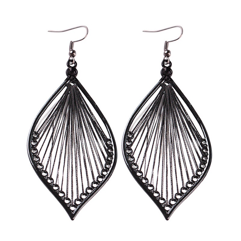 Bông Tai Dáng Dài Mặt Chiếc Lá Màu Đen Phong Cách Boho Thời Trang Cho Nữ