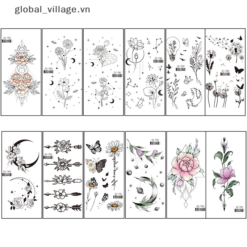 Hình Xăm Dán Tạm Thời Hình Hoa Hồng Và Bướm Màu Đen Chống Nước
