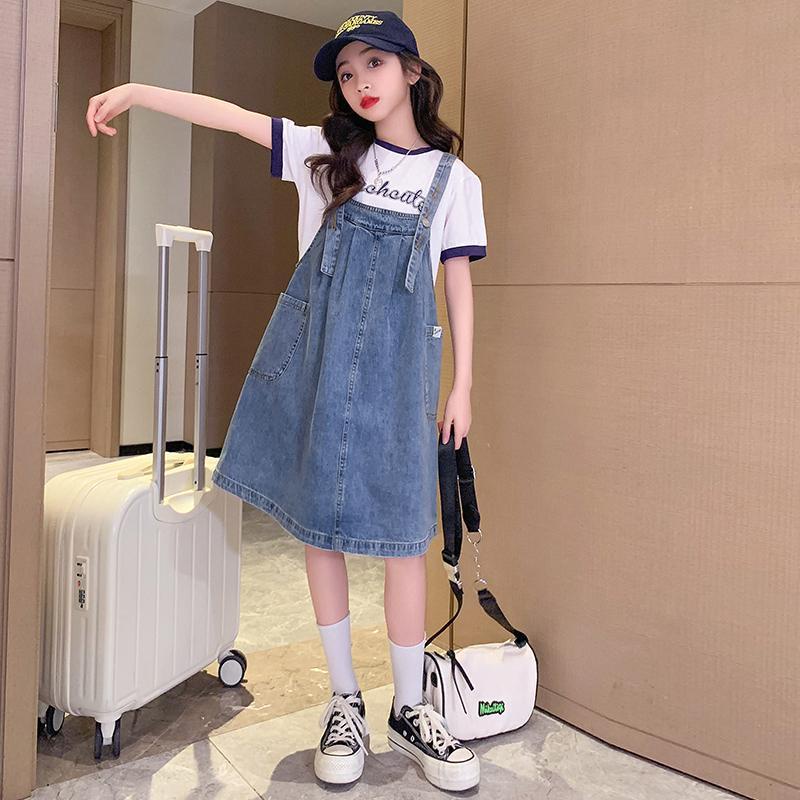 Set Áo Thun Cotton + Váy Yếm Denim Thời Trang Hè 2023 Cho Bé Gái 5-6 - 7-8 - 9-10 - 12-13 - 14-15 Tuổi