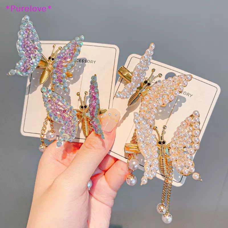 Kẹp Tóc Hình Bướm Đính Ngọc Trai Phối Tua Rua Phong Cách Retro Cho Nữ Mới