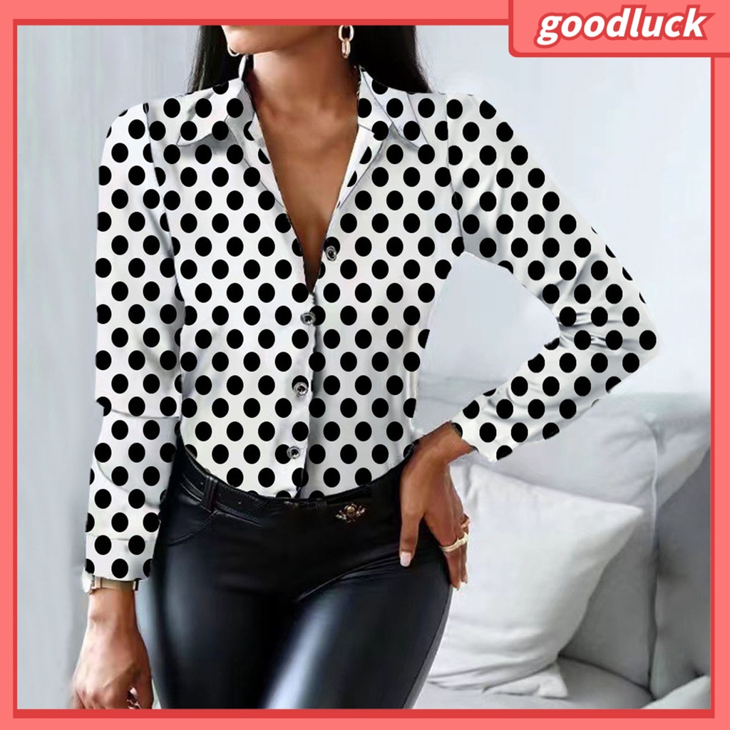 Áo Sơ Mi Tay Dài Cổ Bẻ In Họa Tiết Bò Sữa Thời Trang Công Sở Cho Nữ