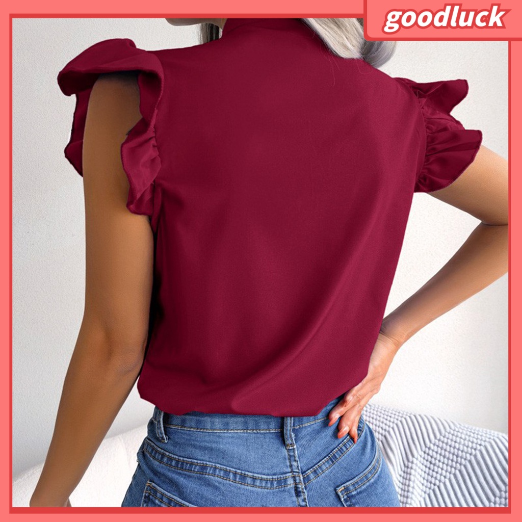 [ULK] Áo Sơ Mi Tay Ngắn Cổ Đứng Màu Trơn Trang Trọng Thắt Nơ Viền Bèo Thời Trang Mùa Hè Cho Nữ