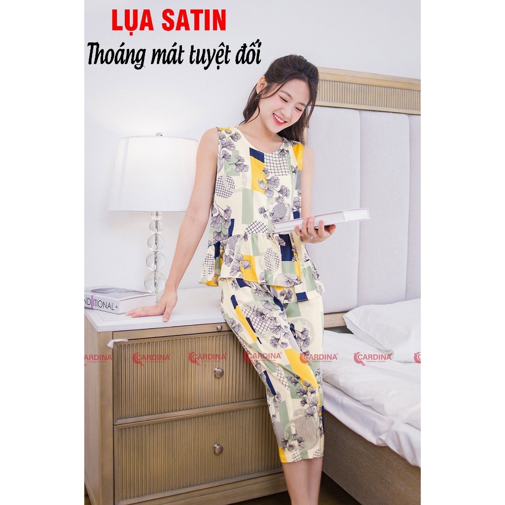 Đồ bộ nữ CARDINA chất lụa Satin nhật cao cấp quần lửng, áo sát nách bèo lệch 3SF03