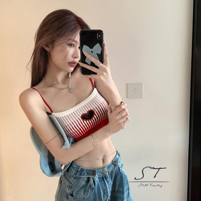 Áo Croptop Hai Dây Dệt Kim Màu Sắc Tương Phản Họa Tiết Trái Tim Thời Trang Mùa Hè Cho Nữ M5