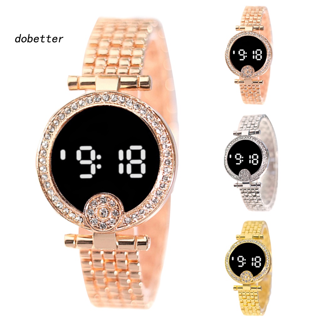 &lt; Dobetter &gt; Đồng Hồ Đeo Tay Điện Tử Đa Năng Chống Nước Cảm Ứng Đính Kim Cương Giả Tròn Unisex Mặc Hàng Ngày