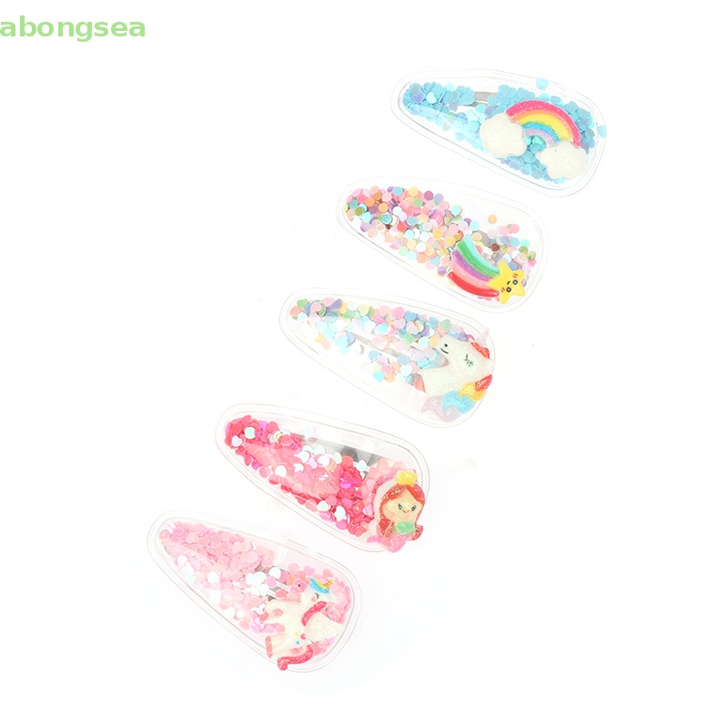 Set 5 Kẹp Tóc Mái Ngang Họa Tiết Trái Cây / Động Vật Hoạt Hình Đính Kim Sa Lấp Lánh Cho Bé