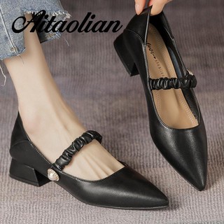 Giày Cao Gót 4cm Mũi Nhọn Chất Liệu Da Mềm Phong Cách retro