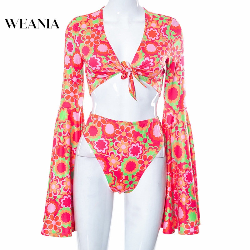 Bộ Bikini Hai Mảnh Lưng Cao Ống Loe In Hoa Phong Cách Retro Cho Nữ