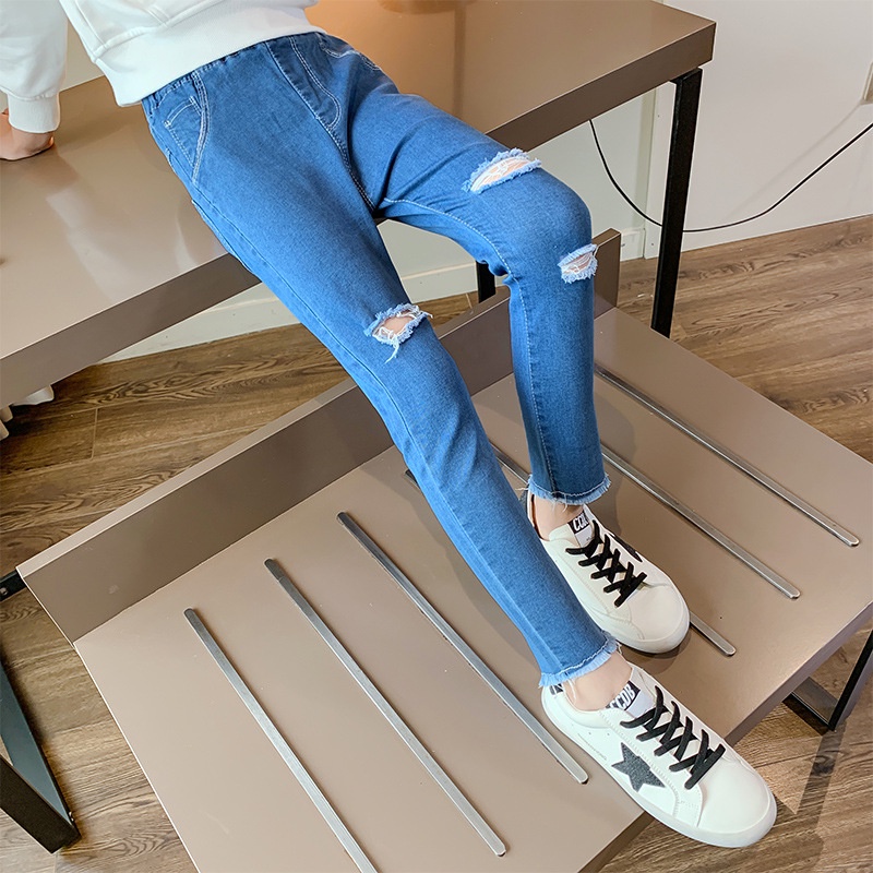 Quần jean dài IQ ANGEL dáng bút chì thiết kế rách co giãn tốt thời trang cho bé gái