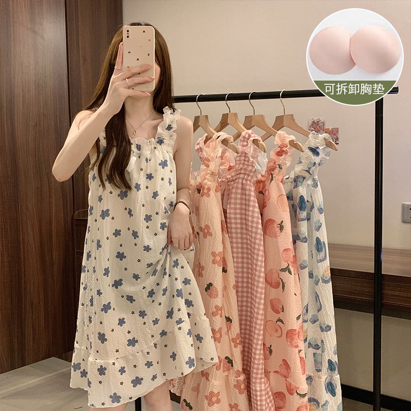 Đầm Ngủ Cotton Hai Dây Có Đệm Ngực Tháo Rời Được In Họa Tiết Phong Cách Công Chúa Thời Trang Mùa Hè Hàng Mới Dành Cho Bạn Nữ Mặc Ở Nhà