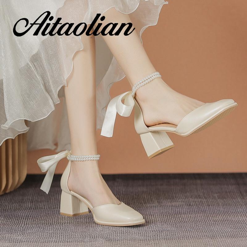 Giày Cao Gót 5cm Da Mềm Mũi Vuông Đính Ngọc Trai Kiểu retro Anh Dễ Thương Cho Nữ