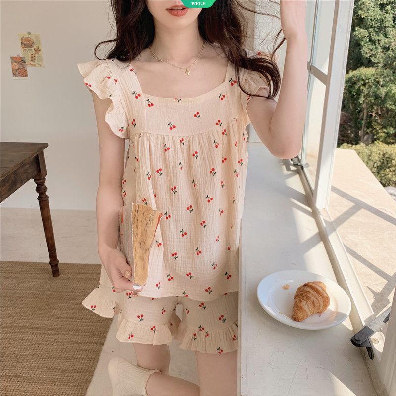 Bộ Đồ Ngủ Hai Dây Diềm Xếp Nếp In Họa Tiết Cherry Sáng Tạo Phong Cách Hàn Quốc Thời Trang Mùa Hè Hàng Mới 2023 Dành Cho