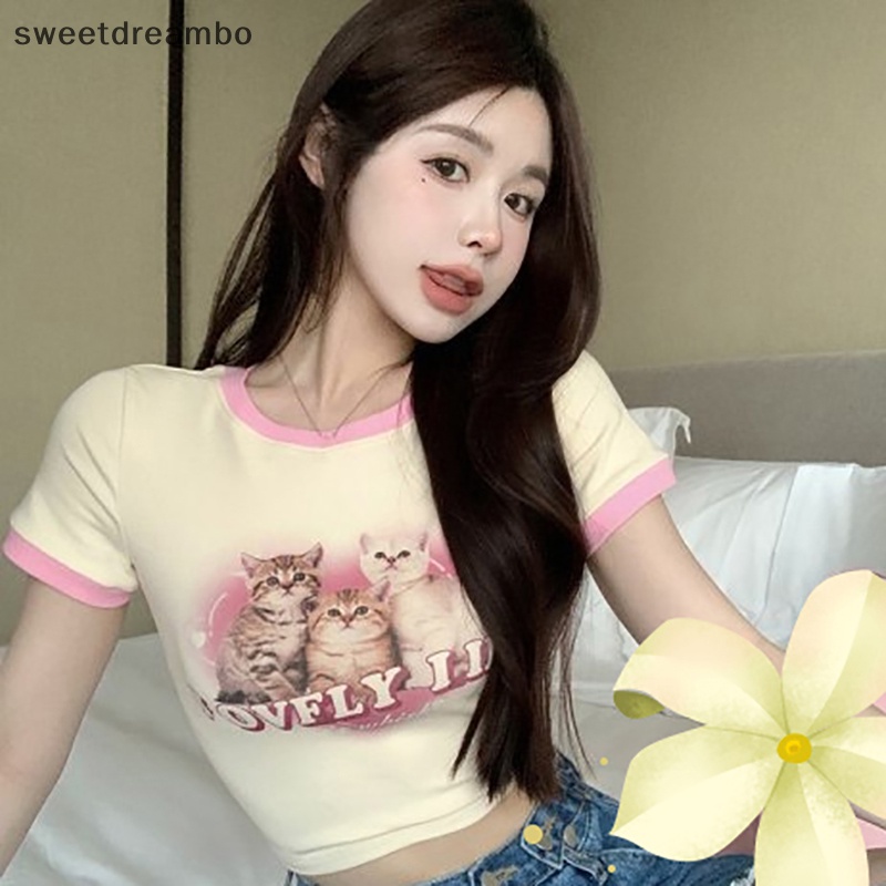Áo thun ngắn tay in hình Mèo hoạt hình mùa hè Áo Crop Top cổ tròn màu tương phản cho nữ