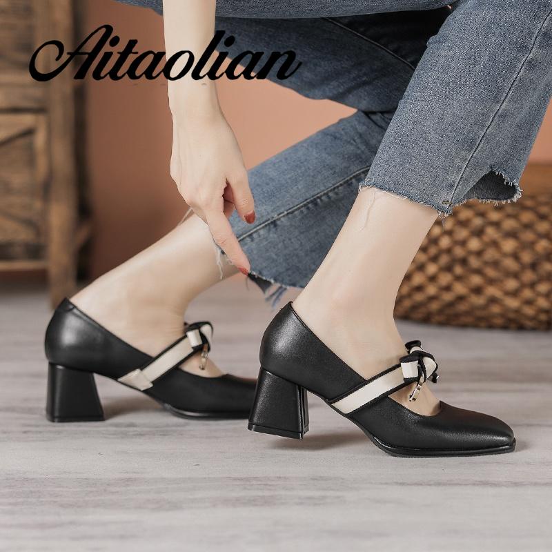 Giày Cao Gót 5Cm Da Mềm Mũi Vuông Phong Cách retro Anh Quốc