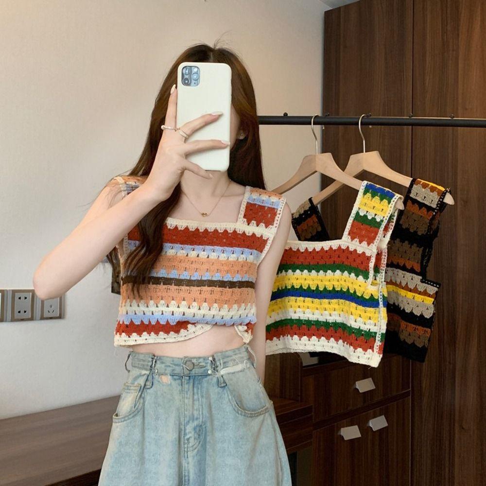 Áo Dây Dệt Kim y2k Cổ Vuông Họa Tiết Kẻ Sọc Thời Trang Đường Phố Mùa Hè