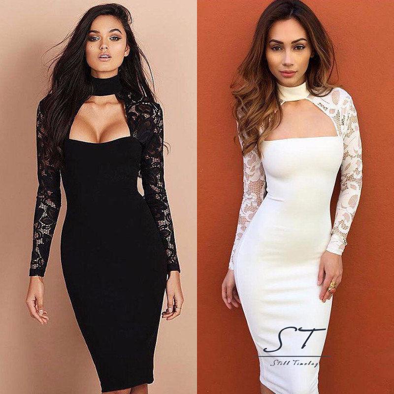 Đầm CY03-Đầm Ôm Ngực Tay Dài Cổ Lọ Phối Ren Rỗng Có Khóa Kéo Sau Lưng Trang Trọng Dành Cho Nữ Dự Tiệc Đêm Câu Lạc Bộ Đêm