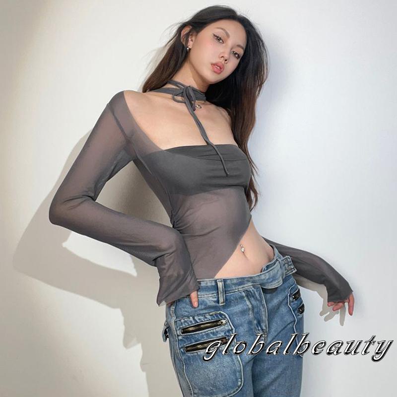 Áo Crop Top Tay Dài Cổ Vuông Phối Lưới Màu Sắc Thời Trang Dành Cho Nữ