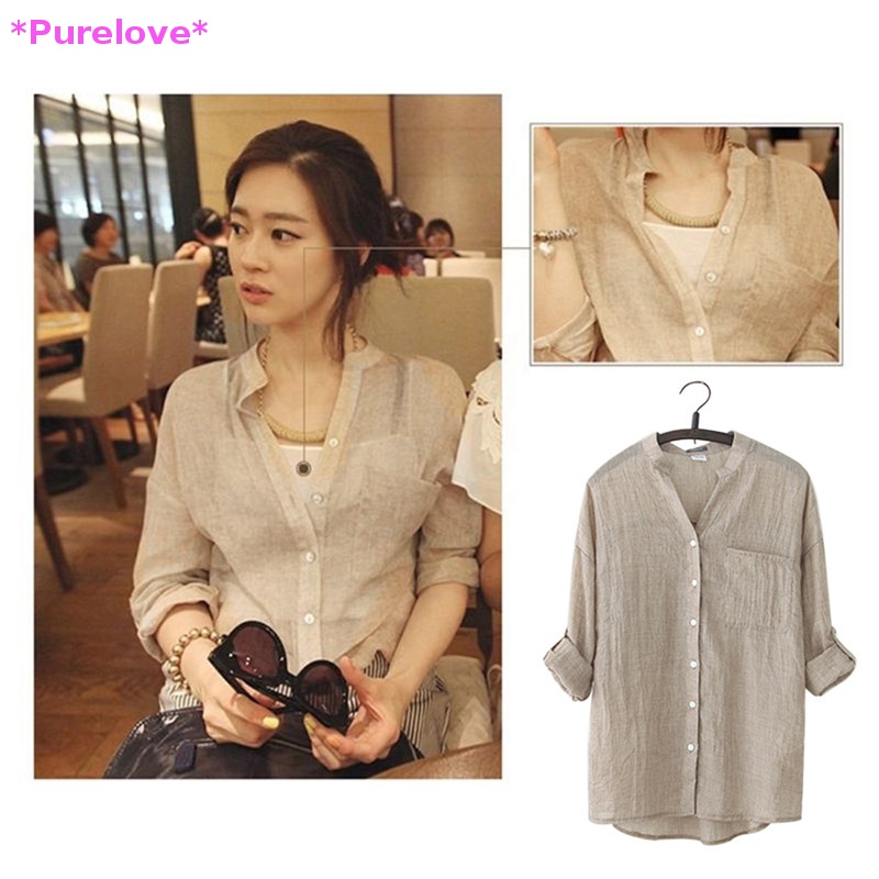 Áo Sơ Mi Vải Lanh Dài Tay Dáng Rộng Phối Nút Thời Trang Mùa Thu Cho Nữ Mới