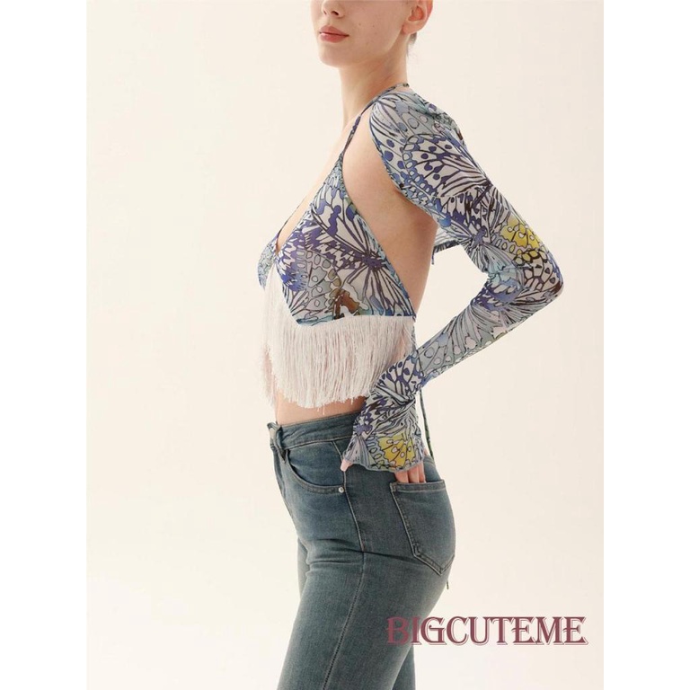 [] - Bộ Áo 2 Cái Cho Phụ Nữ.Set Áo Tay Dài + Áo Hai Dây Họa Tiết Bướm Xinh Xắn Thời Trang