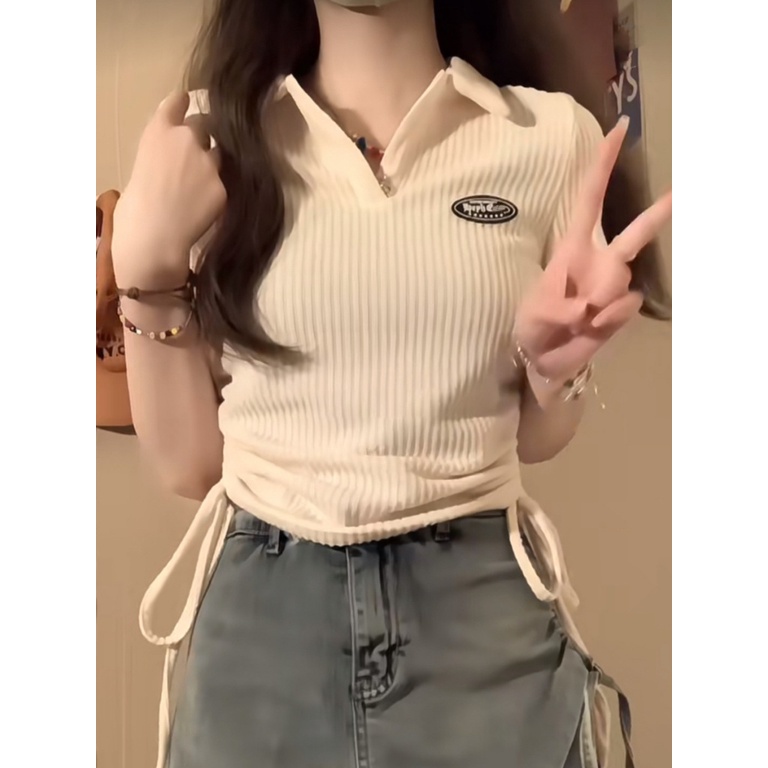 Áo Thun baby tee croptop nữ Ngắn Tay Cổ Chữ v Phối Dây Rút Phong Cách Mỹ Thời Trang Mùa Hè Mới 2023 Cho Nữ