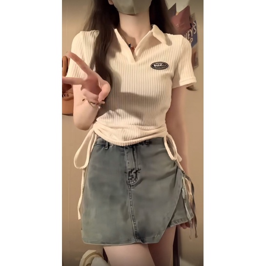 Áo Thun baby tee croptop nữ Ngắn Tay Cổ Chữ v Phối Dây Rút Phong Cách Mỹ Thời Trang Mùa Hè Mới 2023 Cho Nữ