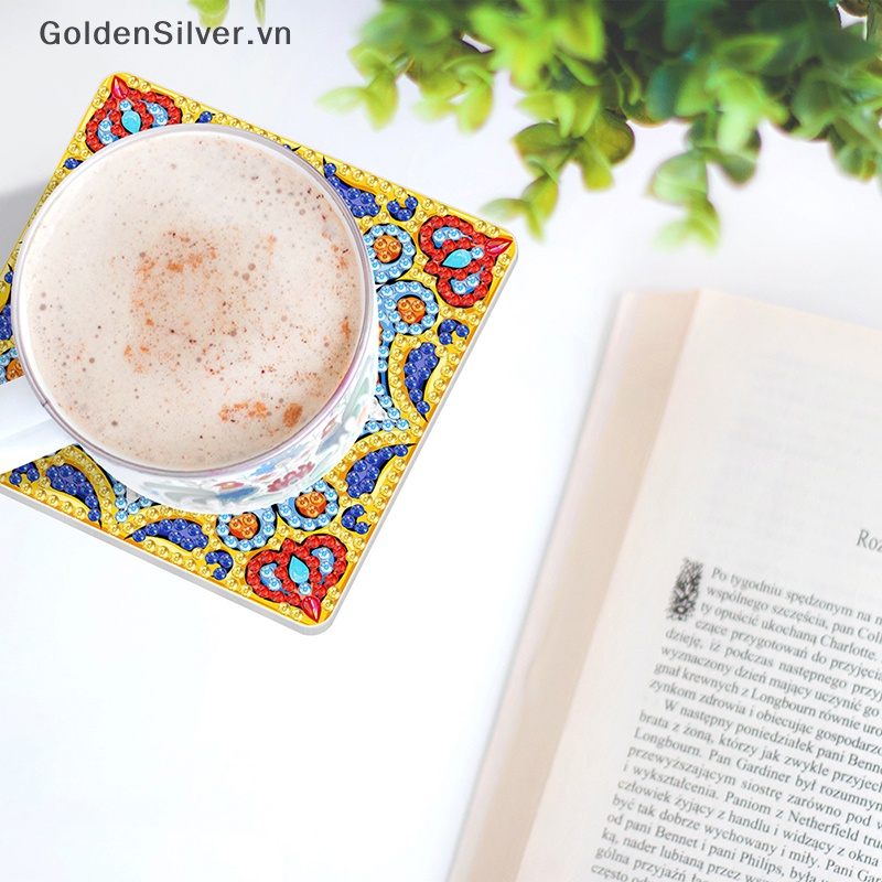 Bộ 6 Đế Lót Ly Màu Vàng Bạc Đính Kim Cương Nghệ Thuật DIY Cho Người Mới Bắt Đầu