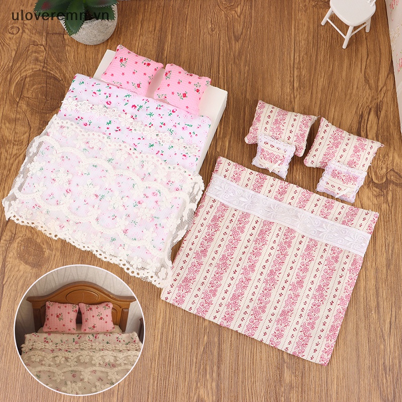 1 Bộ Chăn Ga Và Vỏ Gối Phối Ren Trang Trí Nhà Búp Bê Tỉ Lệ 1: 12