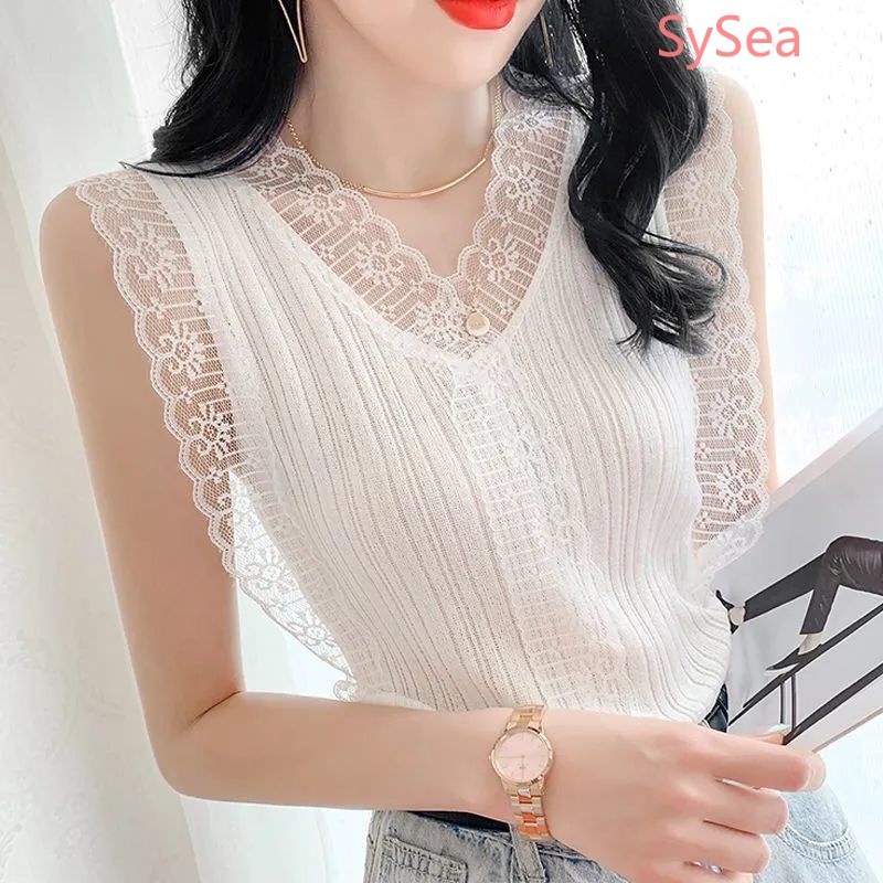 Áo Hai Dây Dệt Kim Dáng Rộng Cổ Chữ V Phối Ren Quyến Rũ Cho Nữ