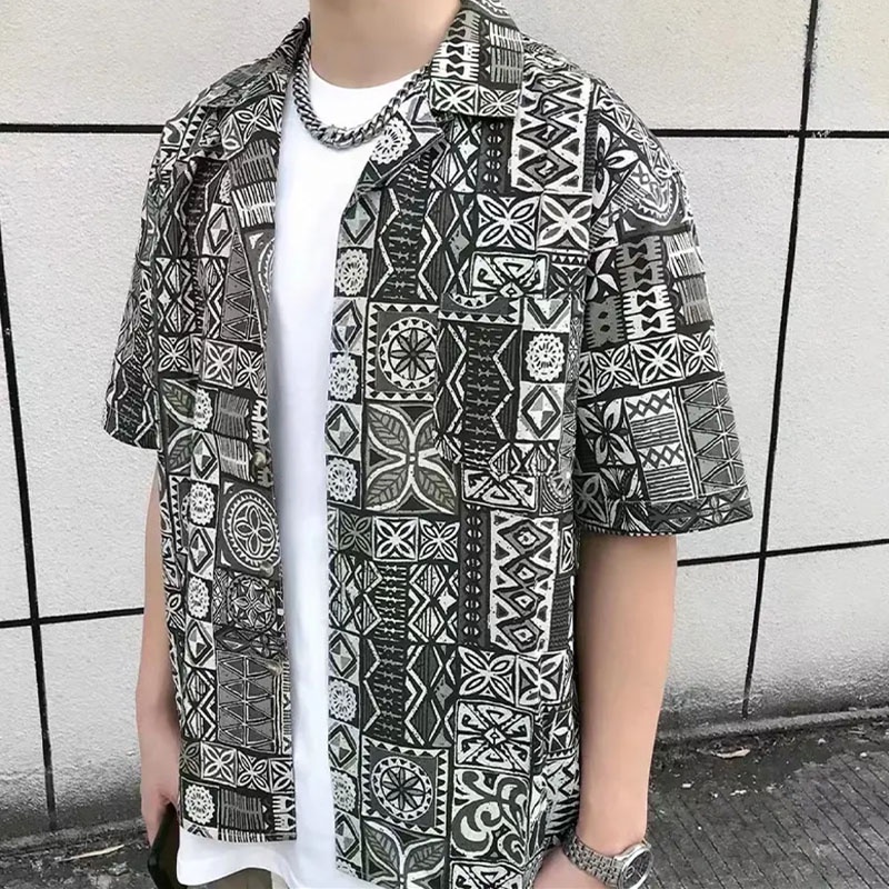 Áo Sơ Mi Tay Ngắn In Họa Tiết Thổ Cẩm Phong Cách Vintage Cho Nam