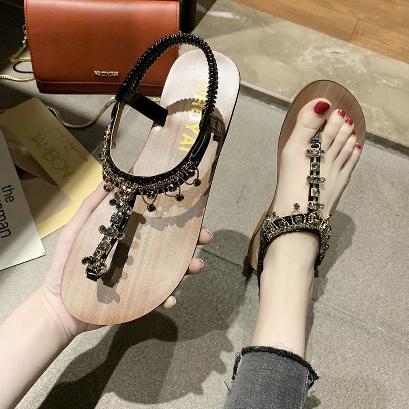 Giày Sandal Đế Bệt Quai Chéo Đính Đá Phong Cách Bohemian Thời Trang Mùa Hè 2023 Dành Cho Bạn Nữ