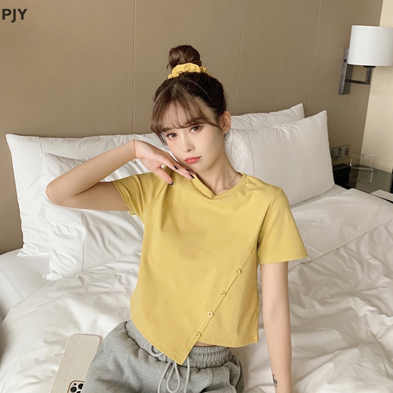 Áo Thun Crop Top Tay Ngắn Màu Trơn Cài Nút Thời Trang Mùa Hè Xinh Xắn Cho Nữ