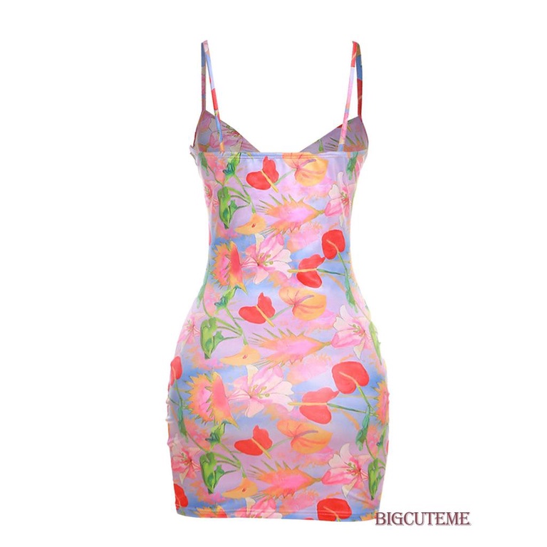 Đầm Hai Dây Cổ Chữ V Họa Tiết Hoa Quyến Rũ Cho Nữ