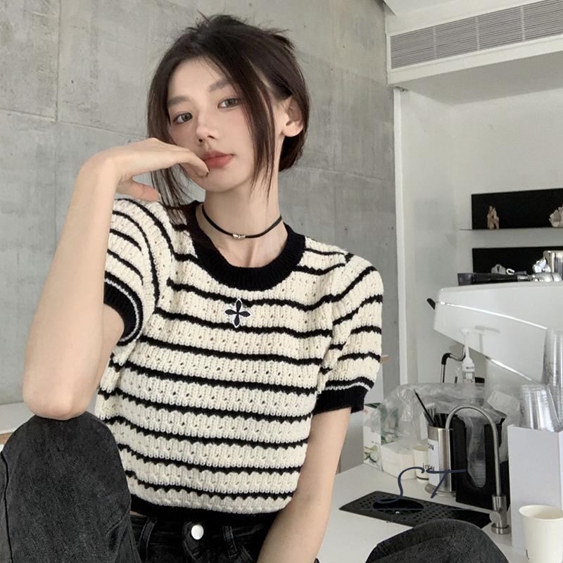 Áo Thun Dệt Kim Tay Ngắn Cổ Tròn Thêu Họa Tiết Kẻ Sọc Thời Trang Mùa Hè Cho Nữ