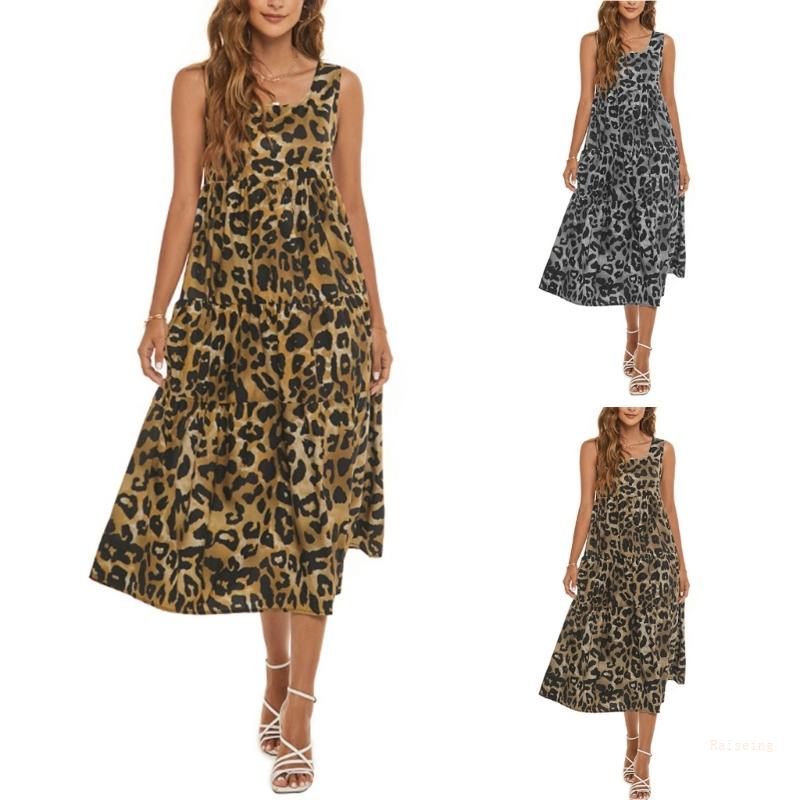Đầm Midi Không Tay Cổ Tròn In Họa Tiết Da Báo Thanh Lịch Dành Cho Nữ