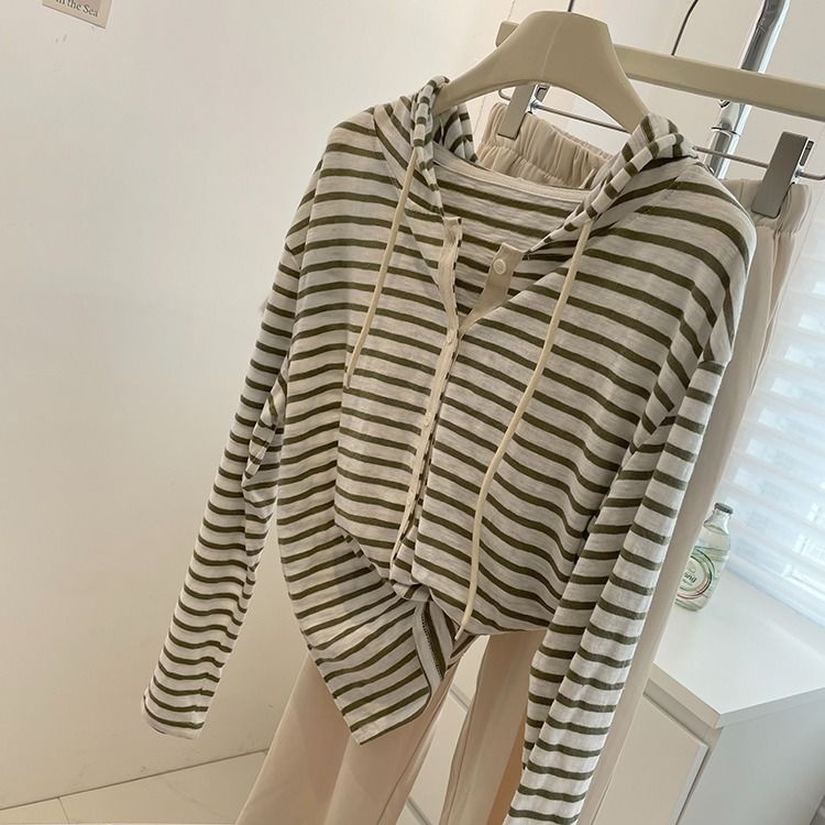 Áo Khoác Cardigan Mỏng Tay Dài Chống Nắng Có Nón Họa Tiết Kẻ Sọc Phong Cách Hàn Quốc Dễ Phối Đồ