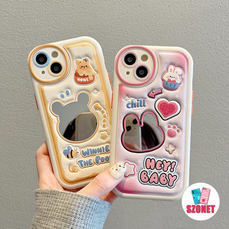 Ốp Điện Thoại Da Silicon Mềm Chống Sốc Gắn Gương Hình Gấu / Thỏ Cho iPhone 14 13 12 11 Pro Max 14 Plus