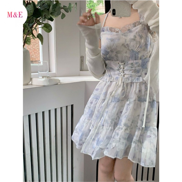 M &amp; E Đầm Hai Dây Mỏng Mùa Hè In Họa Tiết Hoa Có Dây Buộc Eo Ngọt Ngào Cho Nữ