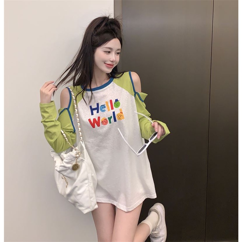 Áo Thun Tay Dài Dáng Rộng In Họa Tiết Lỗ Màu Tương Phản Thời Trang Mùa Xuân 2023 Mới Cho Nữ